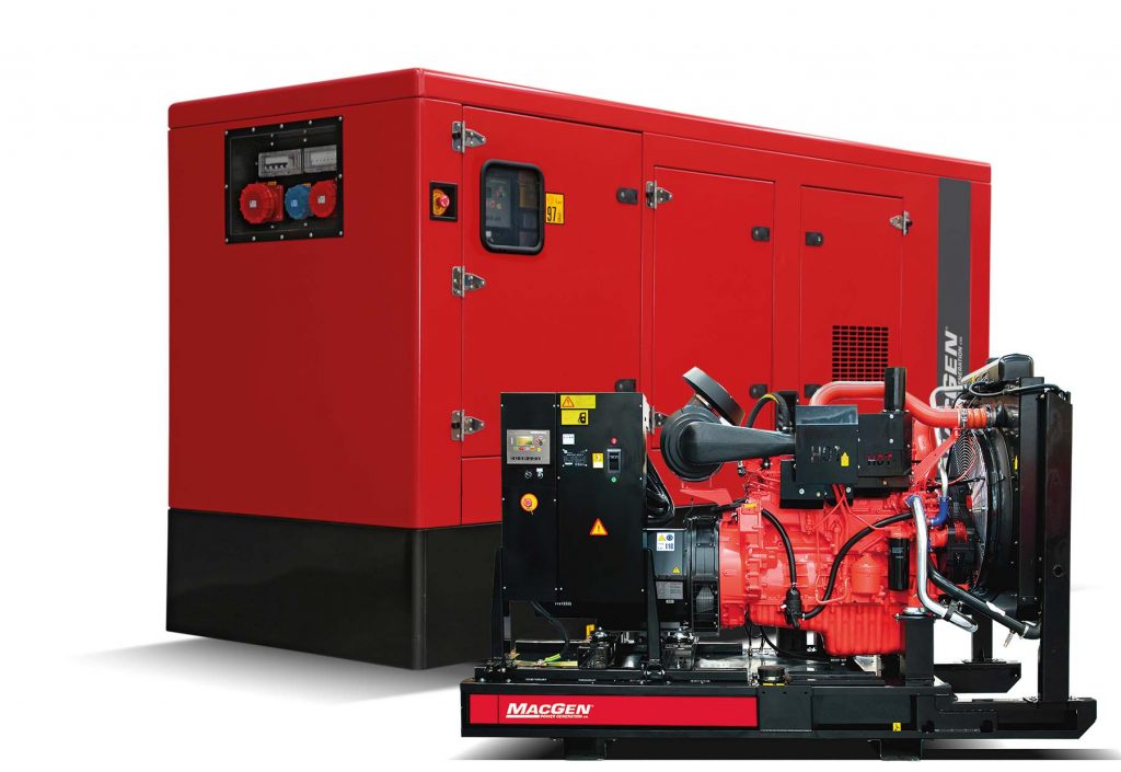 MacGen industrial generator with open canopy revealing diesel engine — industrial generators Northern Ireland